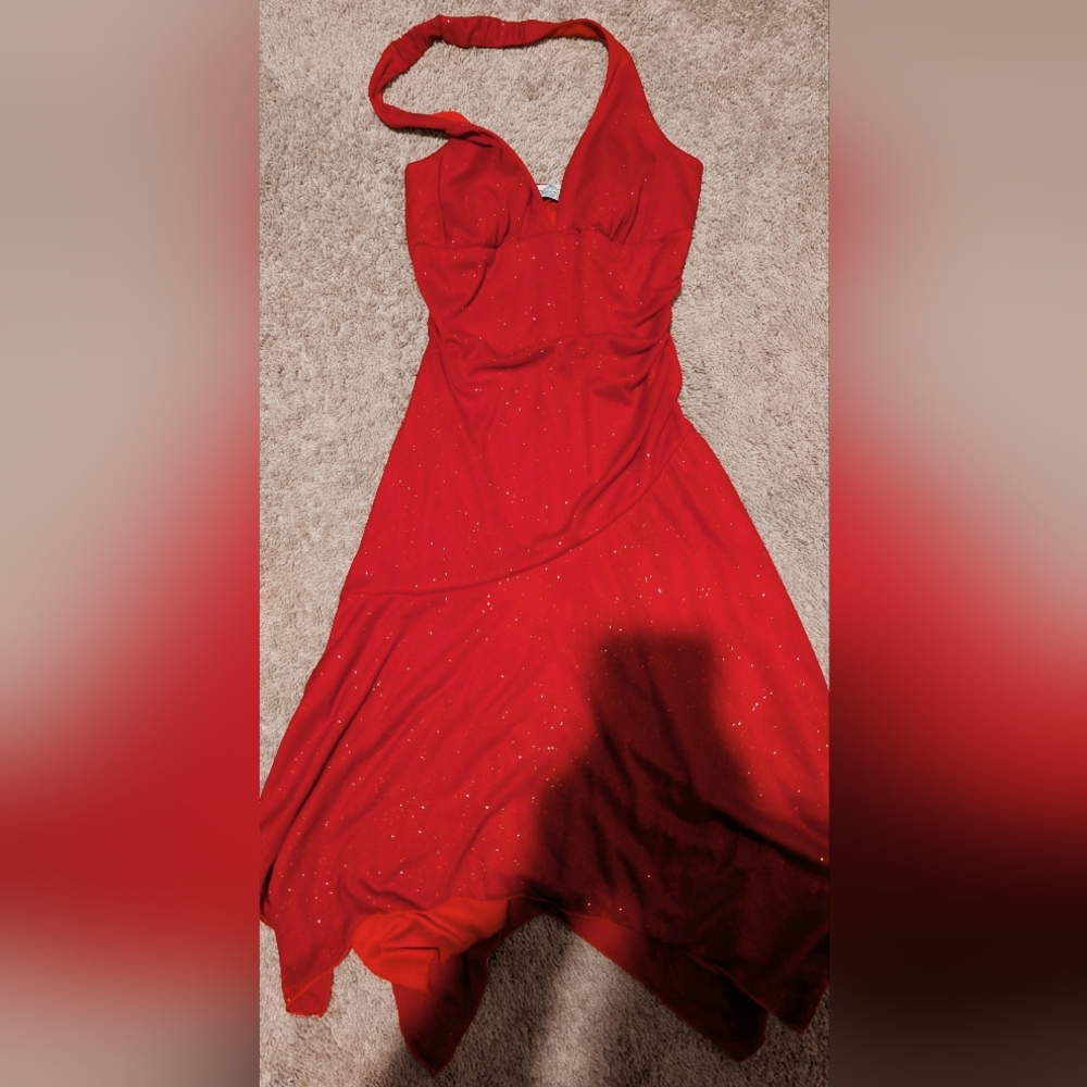 Y2K Deadstock Red Sparkle Halter Mini Dress Trixxi Teenager Homecoming Style